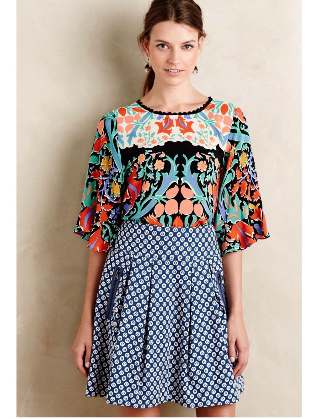ANTHROPOLOGIE Maeve Fourth Street Swing Blue Patterned Preppy Modern Skirt 10